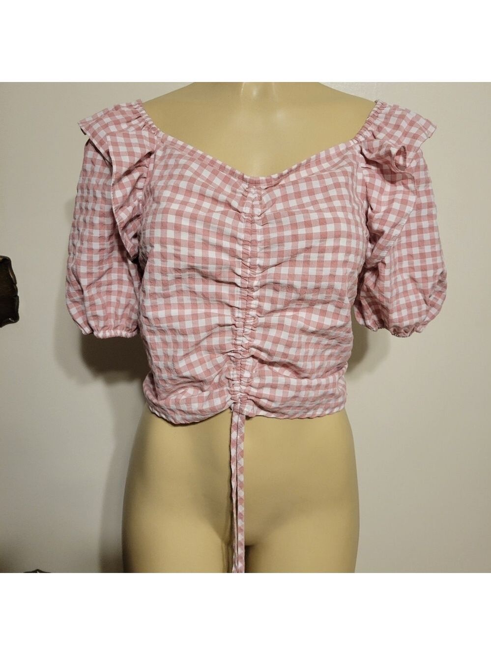 Unbraded Pink Plaid Ruffled Crop Top gingham Milk Maid